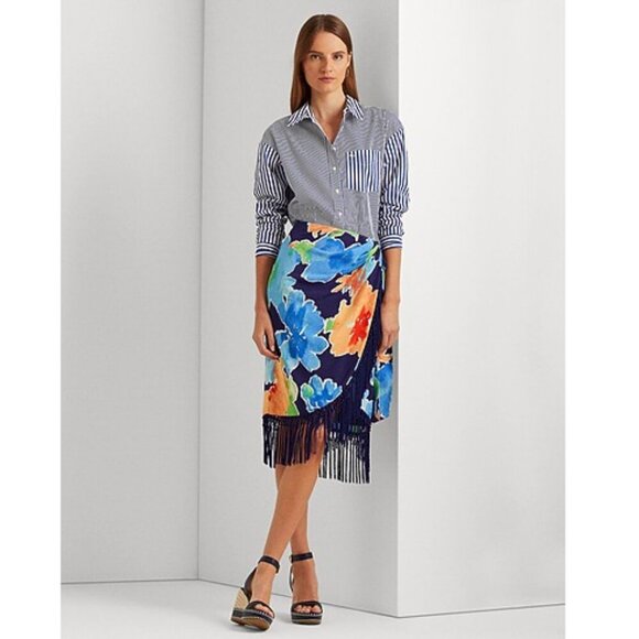 Lauren Ralph Lauren Dresses & Skirts - Lauren Ralph Lauren Navy Blue Floral Fringe Faux-Wrap Skirt Tropical Crepe Midi